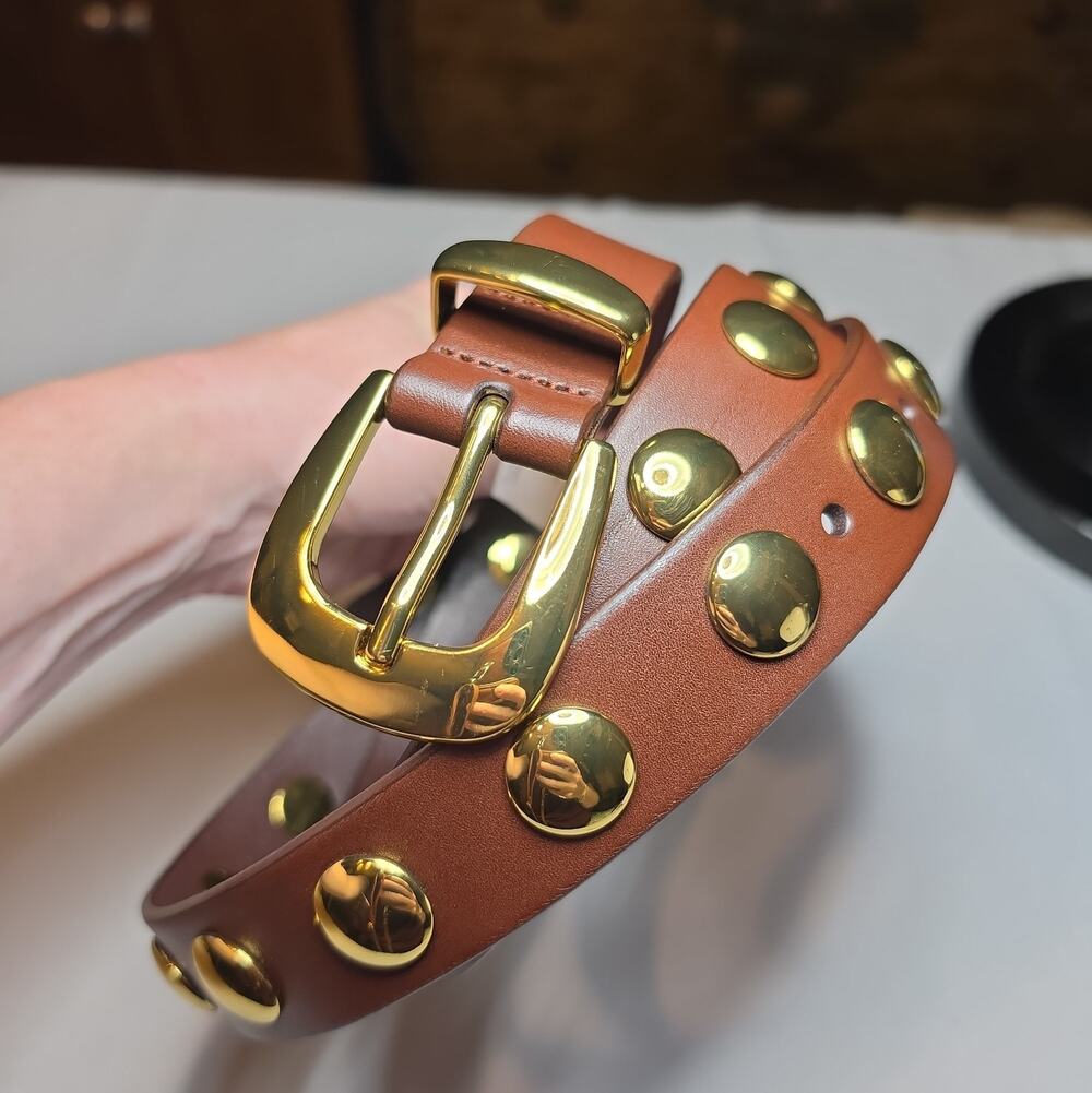 MADEWELL Leather Women's Gold Studded button Belt Brown XL Leather Finish NEW